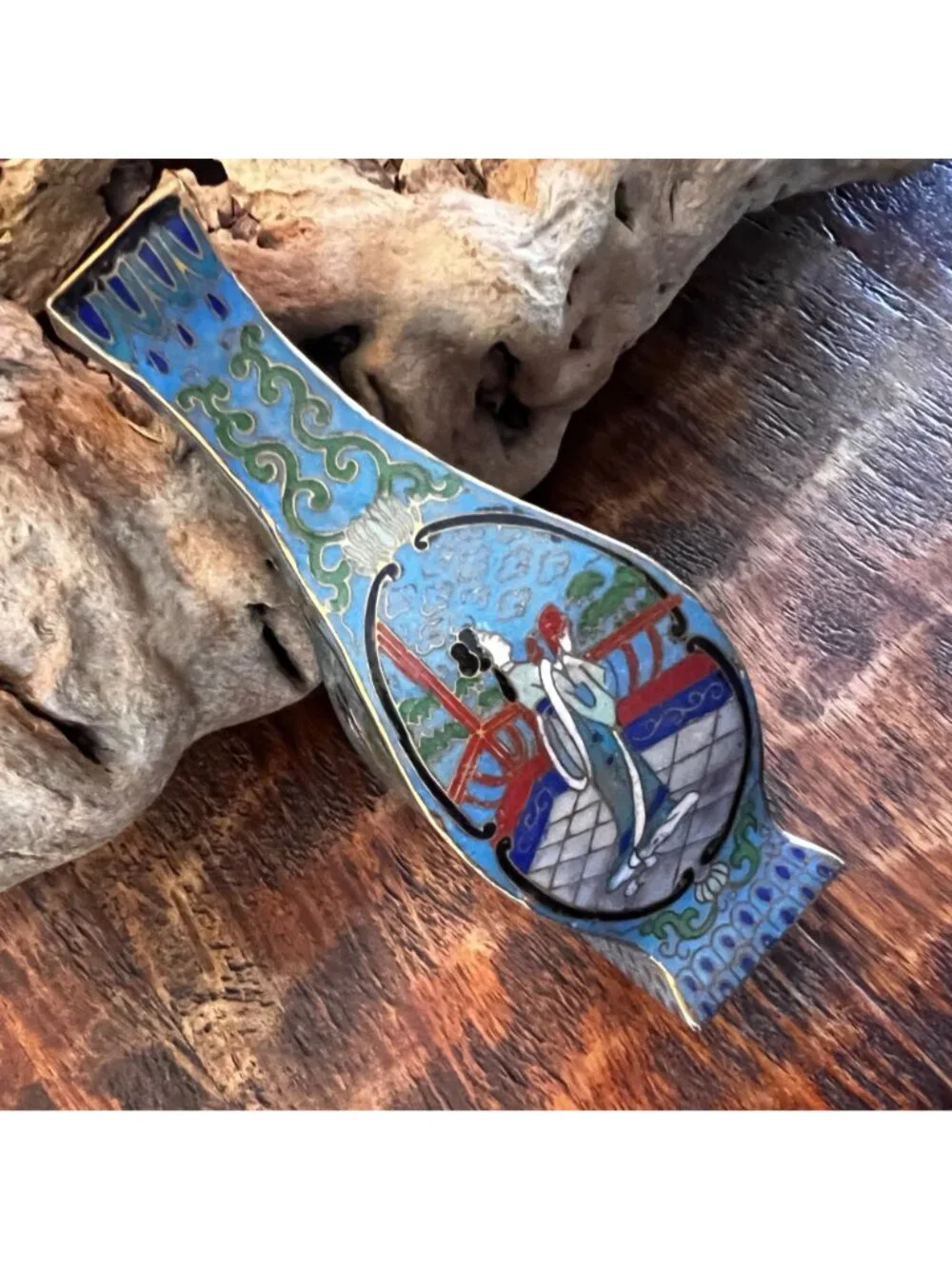 Antique Mini  Chinese Cloisonné Vase With Hand-Painted Scenic Motifs & Blue Enam